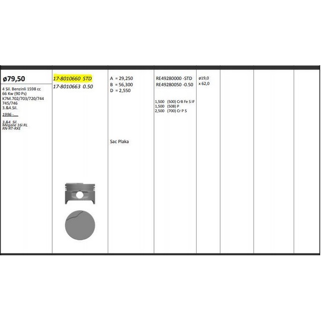 KNG-17-8010660 Renault Piston Segman STD Megane K7M 1.6 8V 34 Silindir Riken Segmanlı 7702262259 - Görsel 1